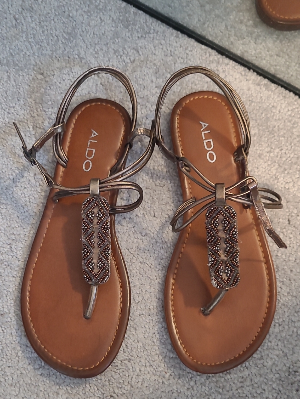 ALDO Bronze Metallic Beaded T-Strap Sandals
